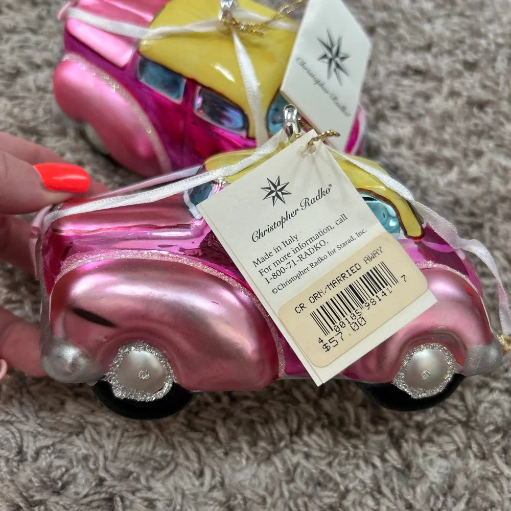 Vintage Christopher Radko 1998 Married Away Ornaments Set‎ 2 Pink Wedding Car